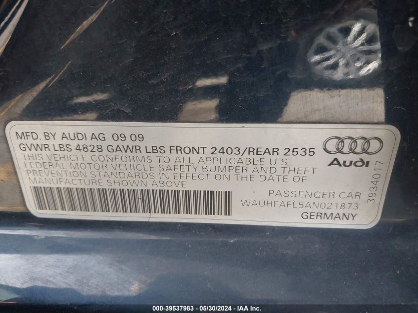 2010 Audi A4 2.0T Premium VIN: WAUHFAFL5AN021873 Lot: 39537983