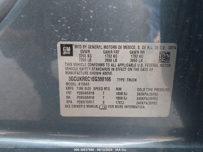 2014 Chevrolet Silverado 1500 2Lt VIN: 3GCUKREC1EG388166 Lot: 39537990