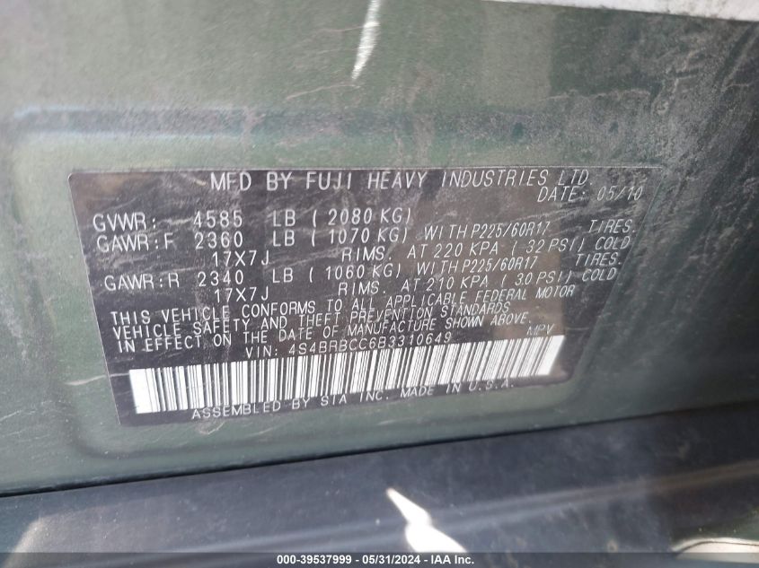 2011 Subaru Outback 2.5I Premium VIN: 4S4BRBCC6B3310649 Lot: 39537999