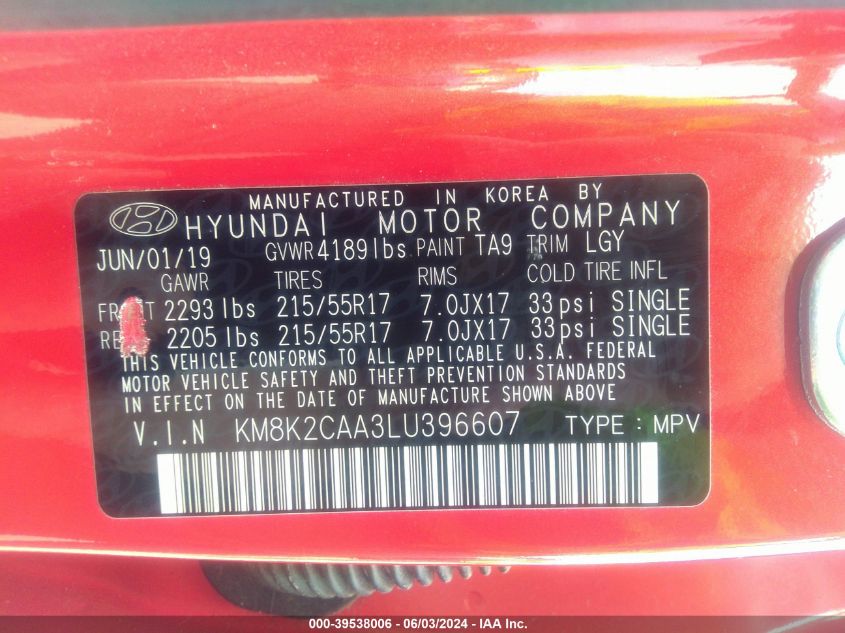 2020 Hyundai Kona Sel VIN: KM8K2CAA3LU396607 Lot: 39538006