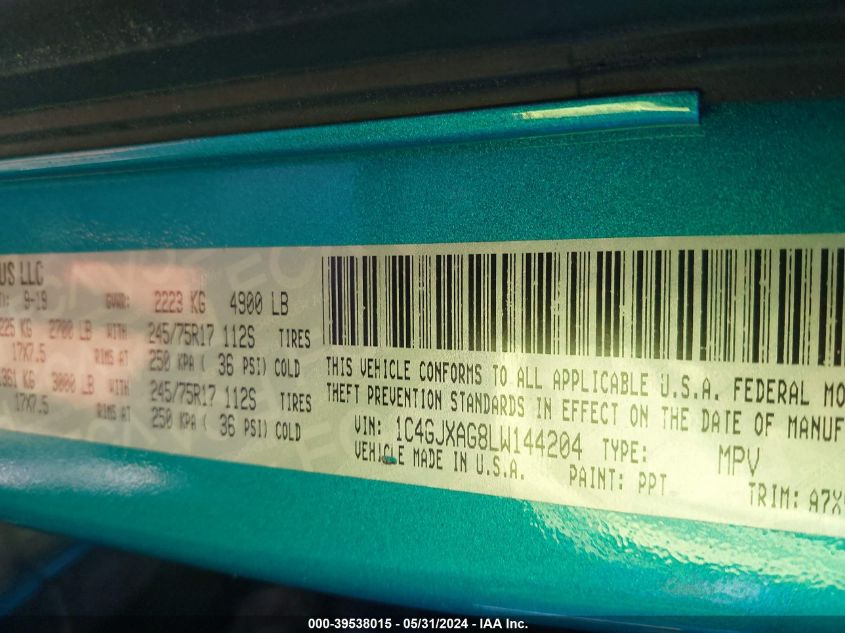 2020 Jeep Wrangler Sport 4X4 VIN: 1C4GJXAG8LW144204 Lot: 39538015