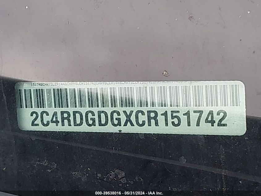 2012 Dodge Grand Caravan Crew VIN: 2C4RDGDGXCR151742 Lot: 39538016