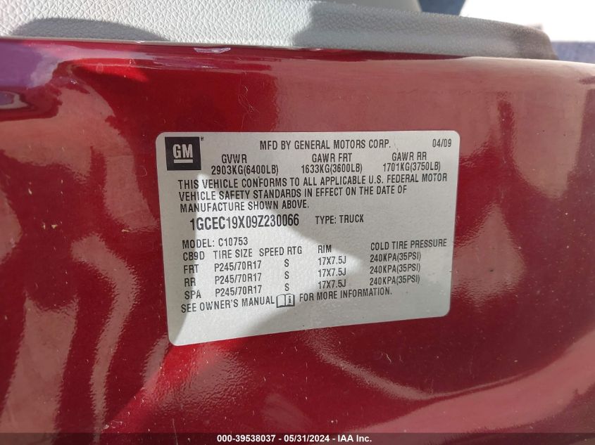 2009 Chevrolet Silverado 1500 Work Truck VIN: 1GCEC19X09Z230066 Lot: 39538037