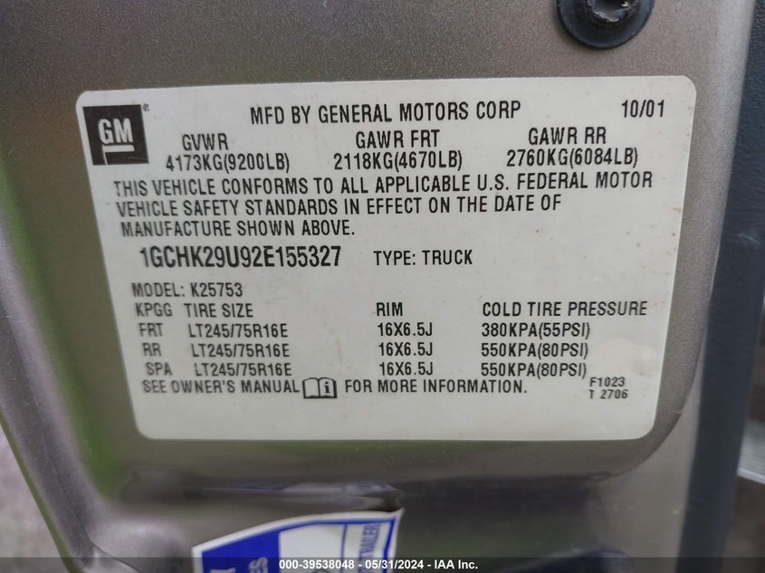 2002 Chevrolet Silverado 2500Hd Ls VIN: 1GCHK29U92E155327 Lot: 39538048