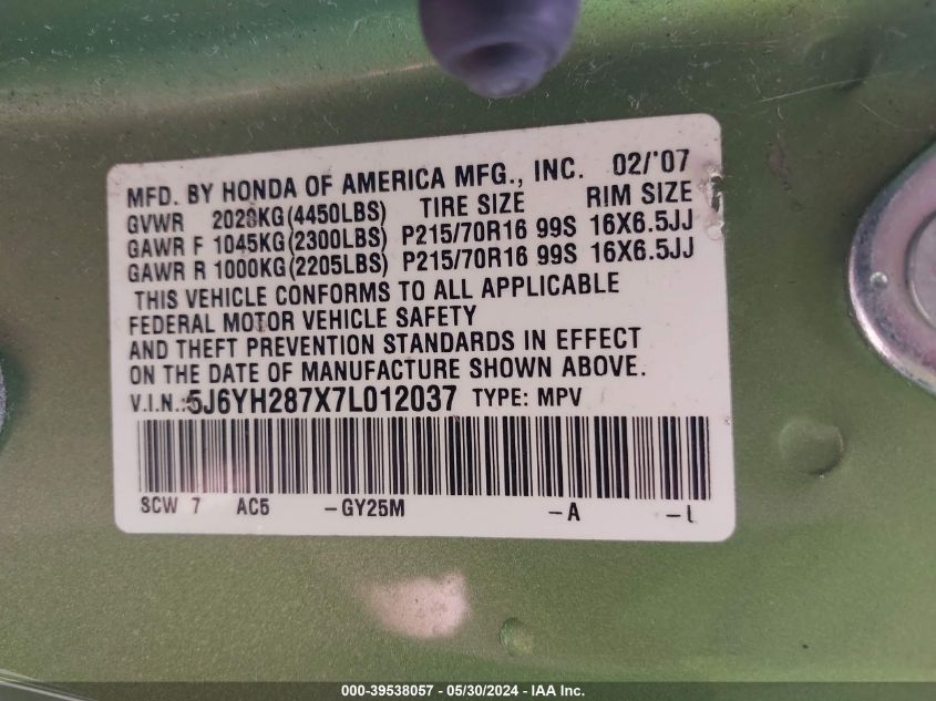 2007 Honda Element Ex VIN: 5J6YH287X7L012037 Lot: 39538057