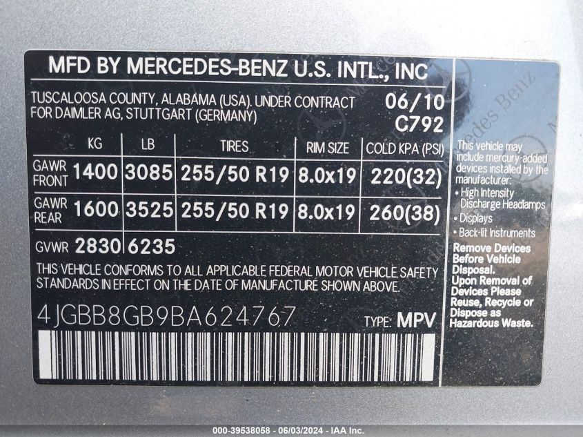 2011 Mercedes-Benz Ml 350 4Matic VIN: 4JGBB8GB9BA624767 Lot: 39538058