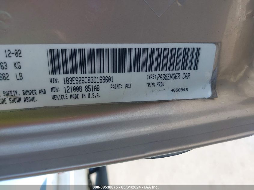 2003 Dodge Neon Se VIN: 1B3ES26C83D169601 Lot: 39538075