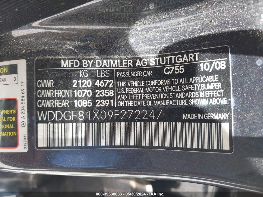 2009 Mercedes-Benz C 300 Luxury 4Matic/Sport 4Matic VIN: WDDGF81X09F272247 Lot: 39538083