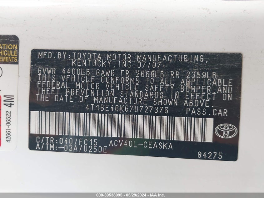 2007 Toyota Camry Se VIN: 4T1BE46K67U727376 Lot: 39538095