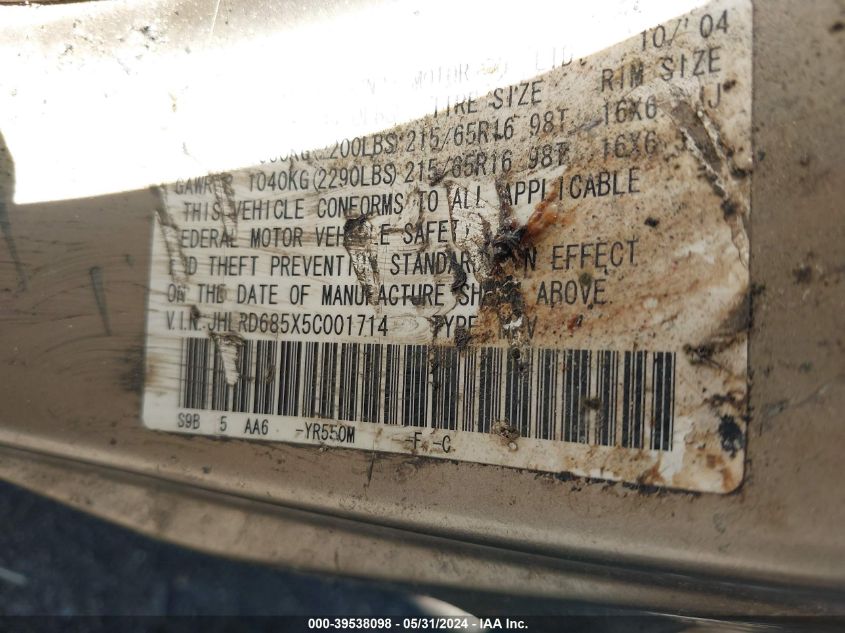 2005 Honda Cr-V Lx VIN: JHLRD685X5C001714 Lot: 39538098