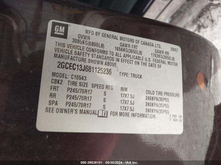 2008 Chevrolet Silverado C1500 VIN: 2GCEC13J681125236 Lot: 39538101