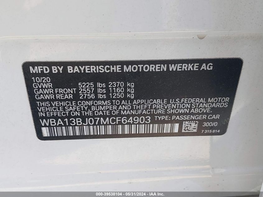 2021 BMW 530I xDrive VIN: WBA13BJ07MCF64903 Lot: 39538104