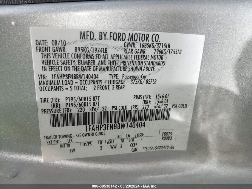 2011 Ford Focus Se VIN: 1FAHP3FN8BW140404 Lot: 39538142