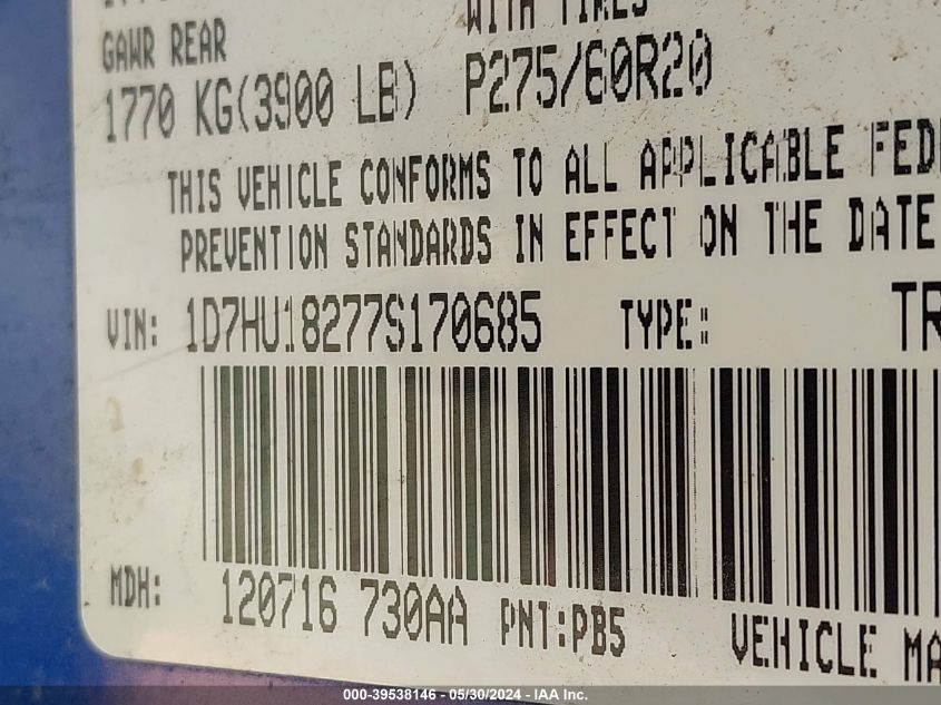2007 Dodge Ram 1500 Slt/Trx4 Off Road/Sport VIN: 1D7HU18277S170685 Lot: 39538146