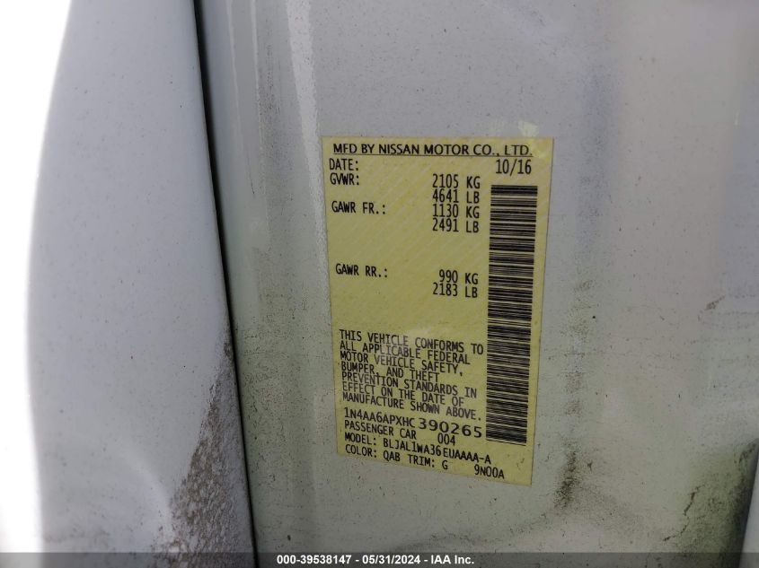 2017 Nissan Maxima 3.5 Sr VIN: 1N4AA6APXHC390265 Lot: 39538147