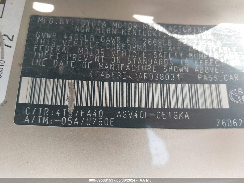 2010 Toyota Camry Xle VIN: 4T4BF3EK3AR038031 Lot: 39538151