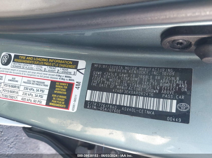 2010 Toyota Camry Le VIN: 4T4BF3EK0AR062416 Lot: 39538153