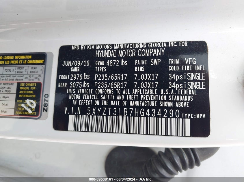2017 Hyundai Santa Fe Sport 2.4L VIN: 5XYZT3LB7HG434290 Lot: 39538161