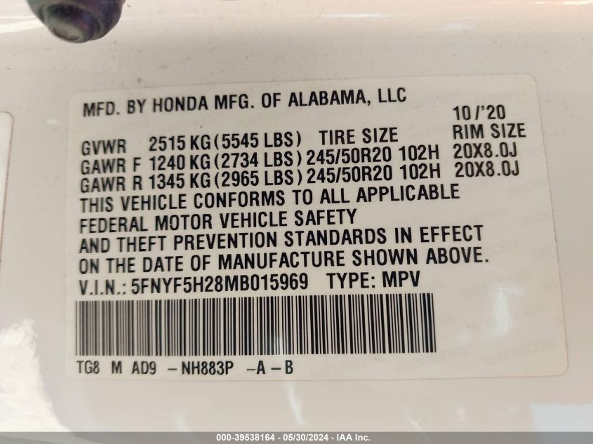 2021 Honda Pilot 2Wd Special Edition VIN: 5FNYF5H28MB015969 Lot: 39538164
