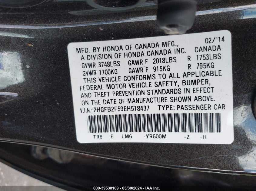 2014 Honda Civic Lx VIN: 2HGFB2F59EH518437 Lot: 39538189