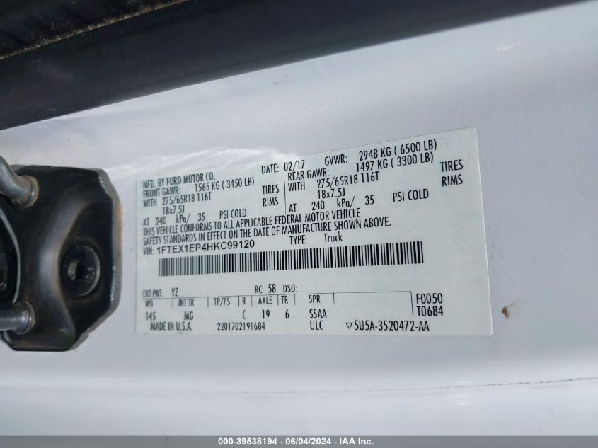 2017 Ford F-150 Xlt VIN: 1FTEX1EP4HKC99120 Lot: 39538194