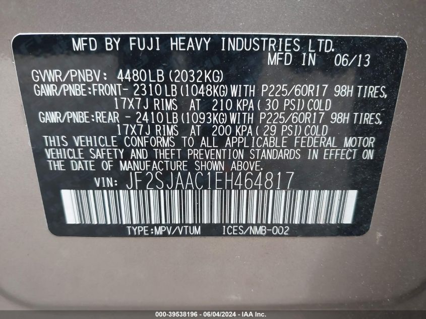 2014 Subaru Forester 2.5I VIN: JF2SJAAC1EH464817 Lot: 39538196