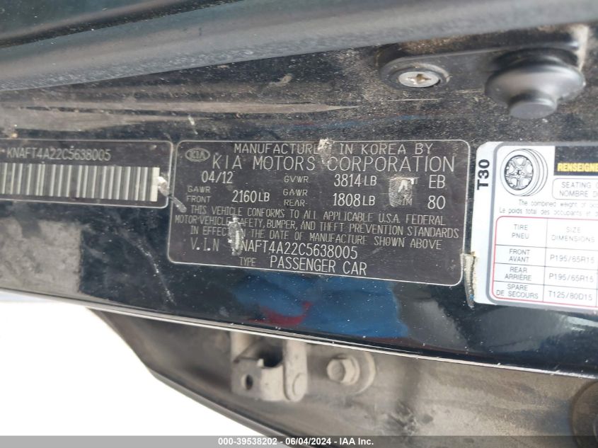 2012 Kia Forte Lx VIN: KNAFT4A22C5638005 Lot: 39538202