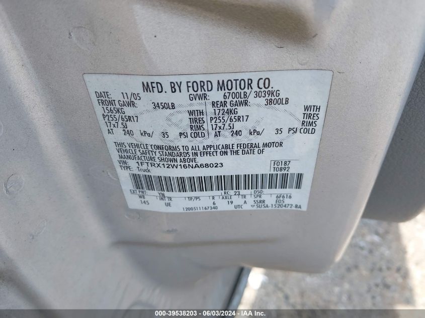 2006 Ford F-150 Stx/Xl/Xlt VIN: 1FTRX12W16NA68023 Lot: 39538203