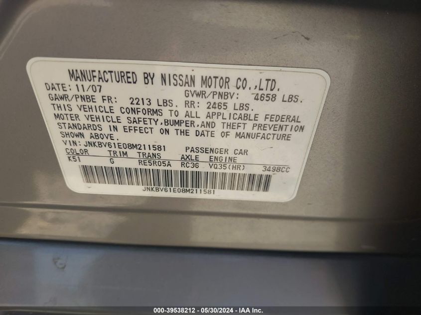 2008 Infiniti G35 Journey VIN: JNKBV61E08M211581 Lot: 39538212