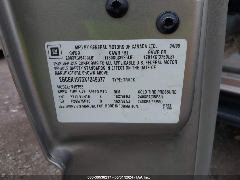 1999 Chevrolet Silverado 1500 Ls VIN: 2GCEK19T5X1249377 Lot: 39538217