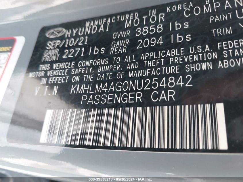 2022 Hyundai Elantra Sel VIN: KMHLM4AG0NU254842 Lot: 39538218