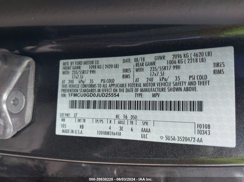 2018 Ford Escape Se VIN: 1FMCU0GD0JUD25554 Lot: 39538225