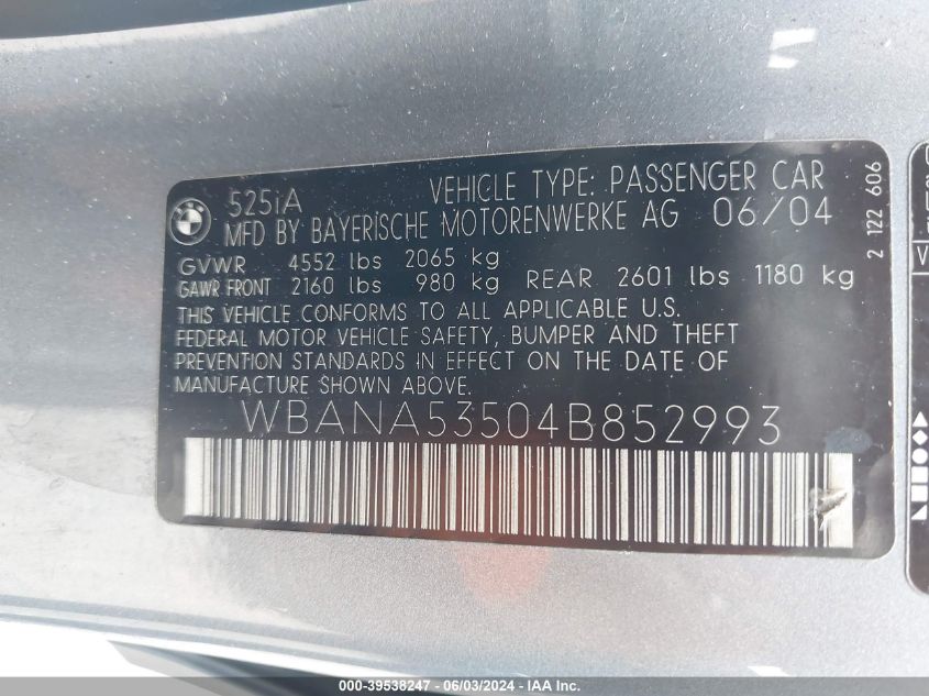 2004 BMW 525I VIN: WBANA53504B852993 Lot: 39538247