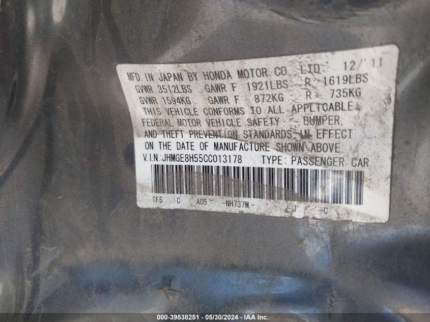2012 Honda Fit Sport VIN: JHMGE8H55CC013178 Lot: 39538251
