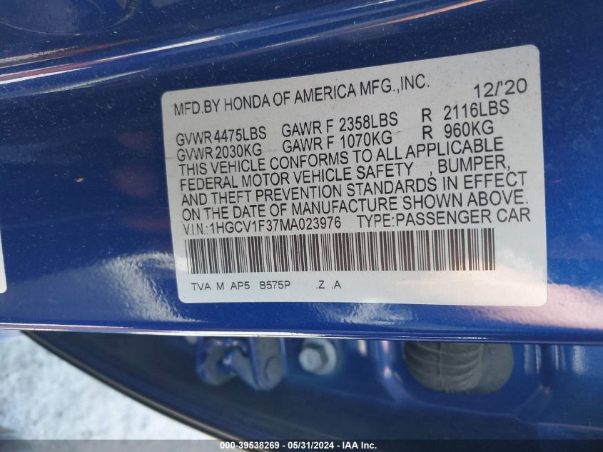 2021 Honda Accord Sport VIN: 1HGCV1F37MA023976 Lot: 39538269