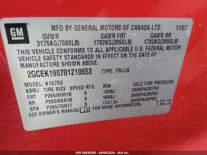 2008 Chevrolet Silverado 1500 Lt1 VIN: 2GCEK190781210653 Lot: 39538295