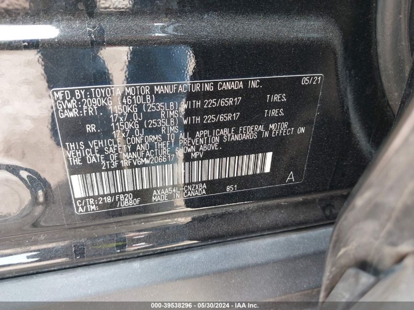 2021 Toyota Rav4 Le VIN: 2T3F1RFV6MW206617 Lot: 39538296