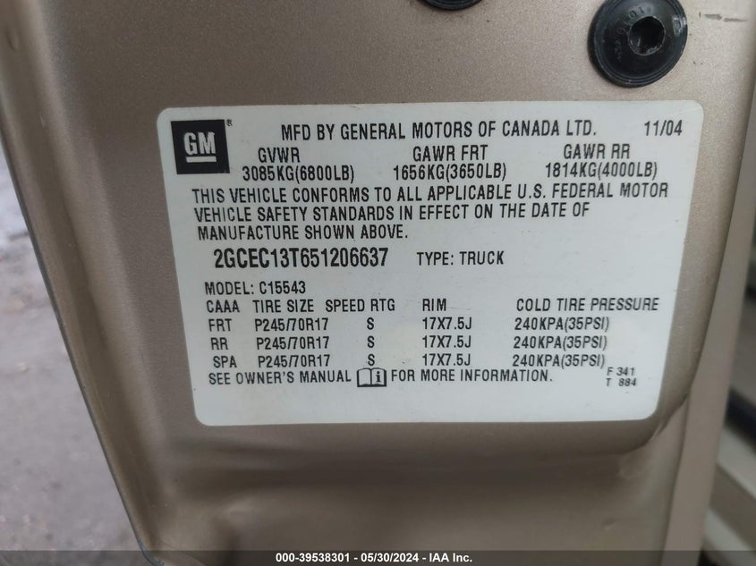 2005 Chevrolet Silverado 1500 Ls VIN: 2GCEC13T651206637 Lot: 39538301