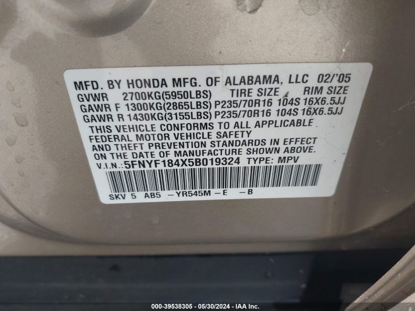 2005 Honda Pilot Ex VIN: 5FNYF184X5B019324 Lot: 39538305