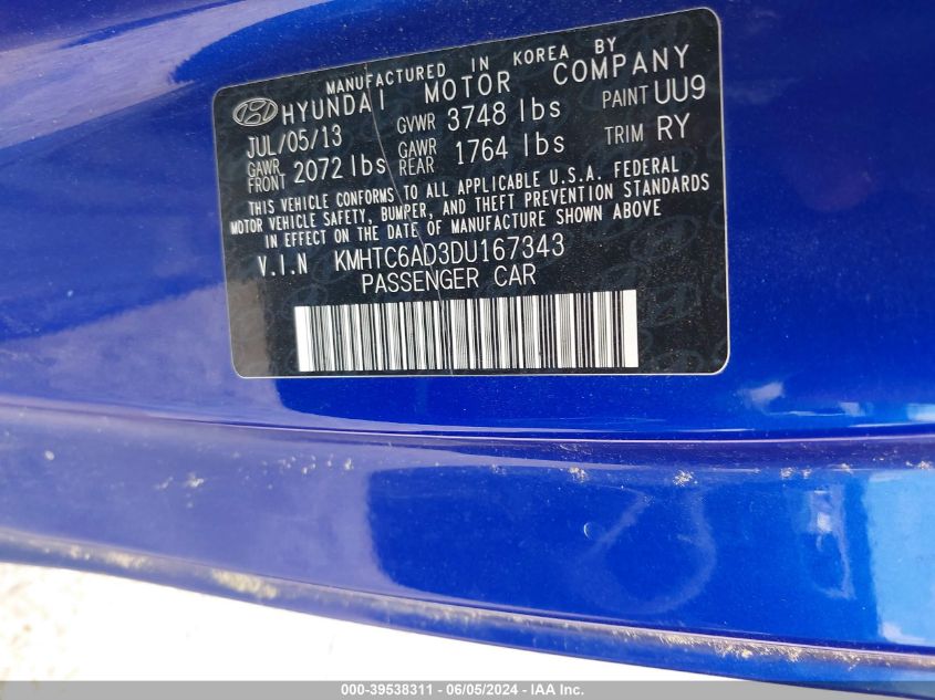 2013 Hyundai Veloster Base W/Black VIN: KMHTC6AD3DU167343 Lot: 39538311