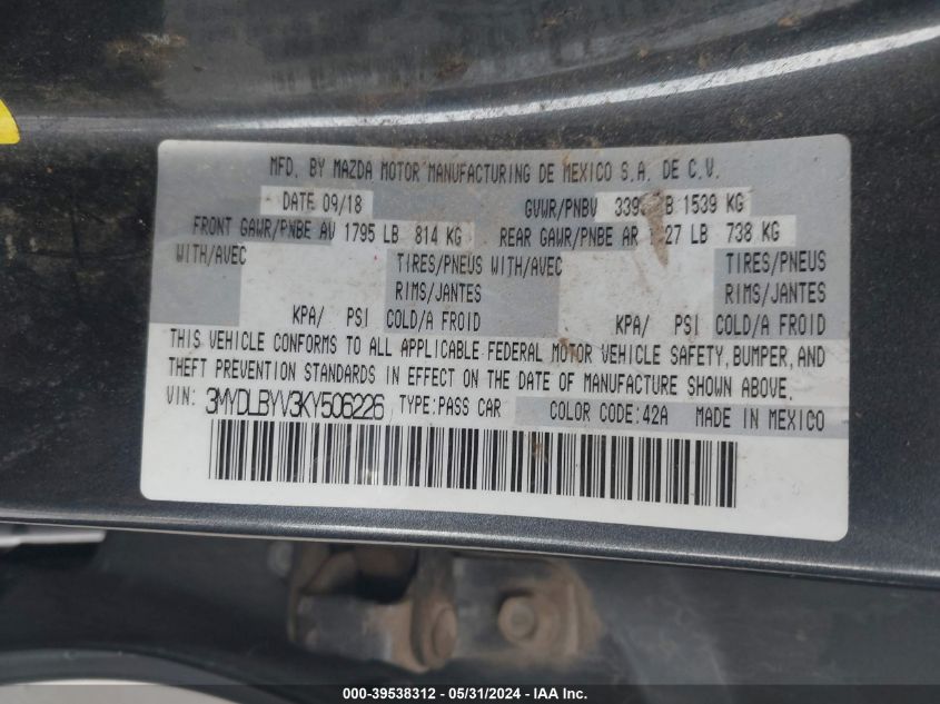 2019 Toyota Yaris Le VIN: 3MYDLBYV3KY506226 Lot: 39538312