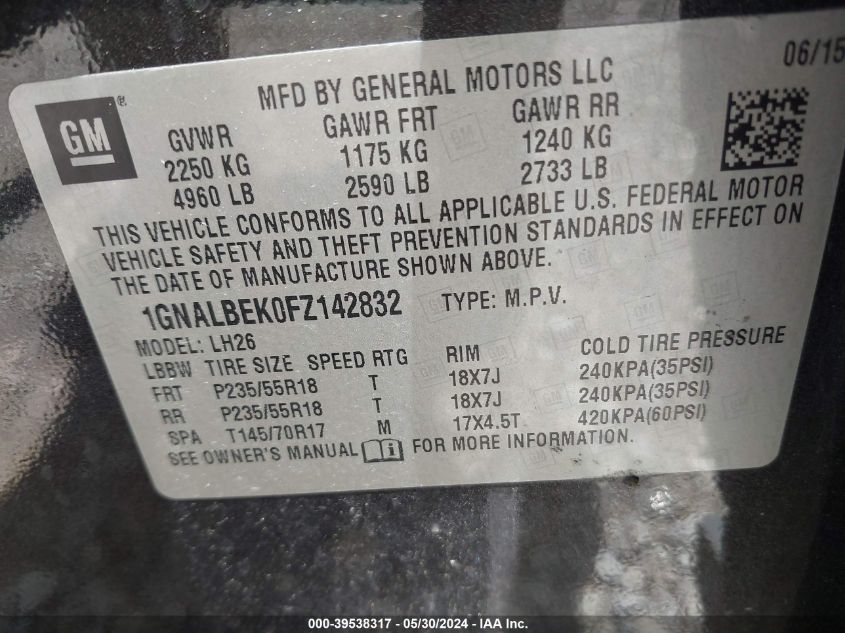 2015 Chevrolet Equinox 1Lt VIN: 1GNALBEK0FZ142832 Lot: 39538317