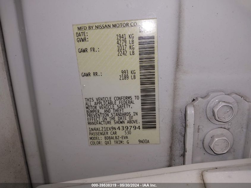 2009 Nissan Altima 2.5 S VIN: 1N4AL21EX9N439794 Lot: 39538319