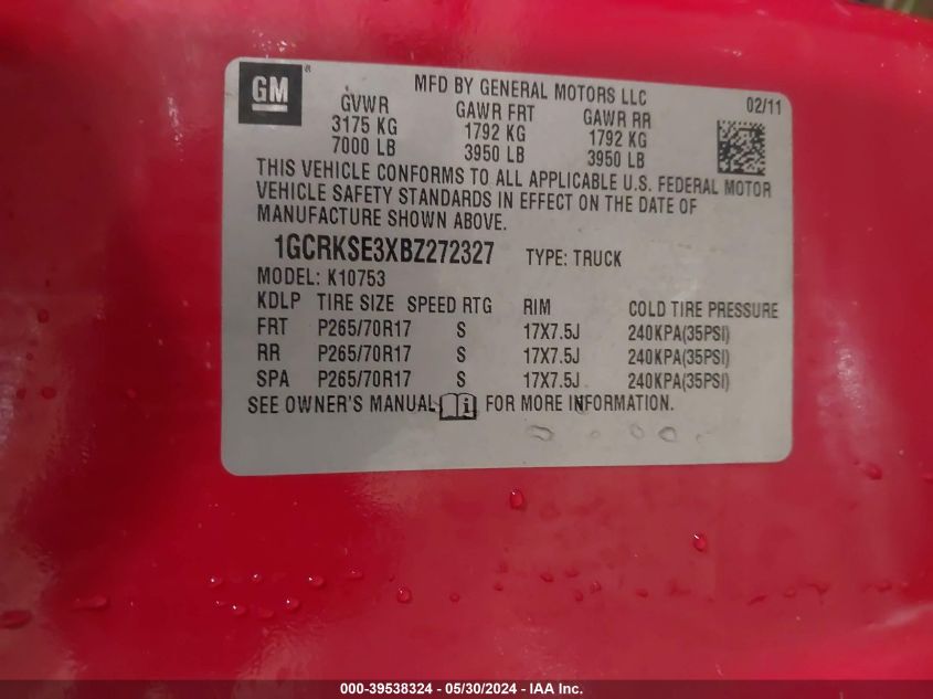 2011 Chevrolet Silverado 1500 Lt VIN: 1GCRKSE3XBZ272327 Lot: 39538324