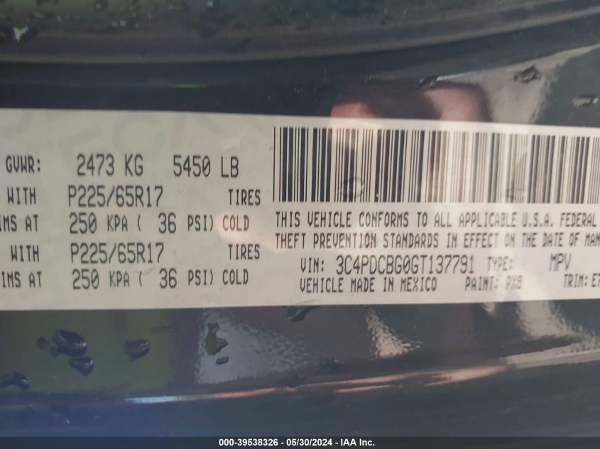 2016 Dodge Journey Sxt VIN: 3C4PDCBG0GT137791 Lot: 39538326