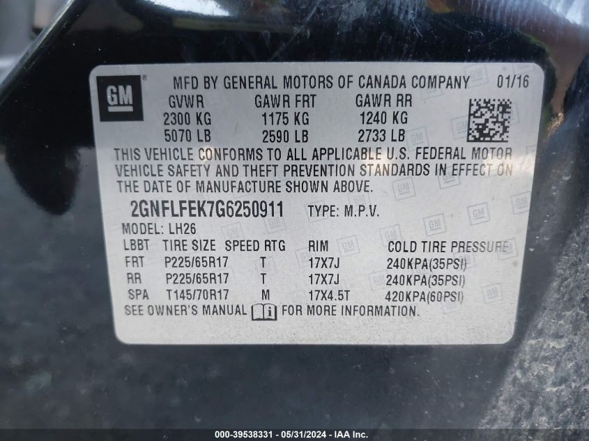 2016 Chevrolet Equinox Lt VIN: 2GNFLFEK7G6250911 Lot: 39538331