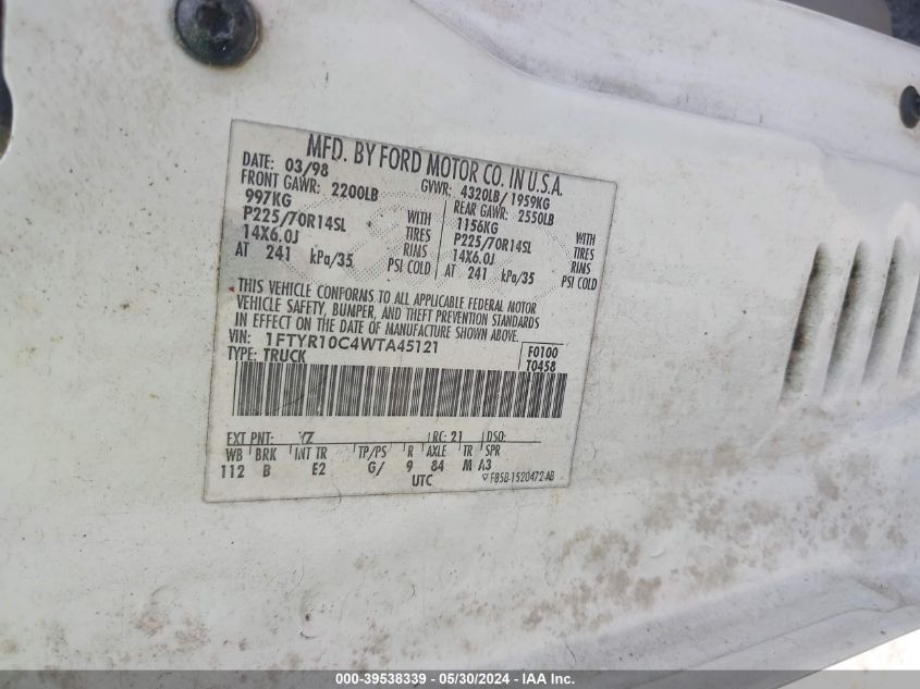 1998 Ford Ranger Splash/Xl/Xlt VIN: 1FTYR10C4WTA45121 Lot: 39538339