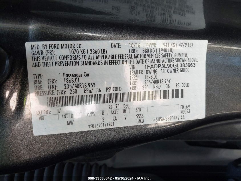 2016 Ford Focus St VIN: 1FADP3L90GL383963 Lot: 39538342