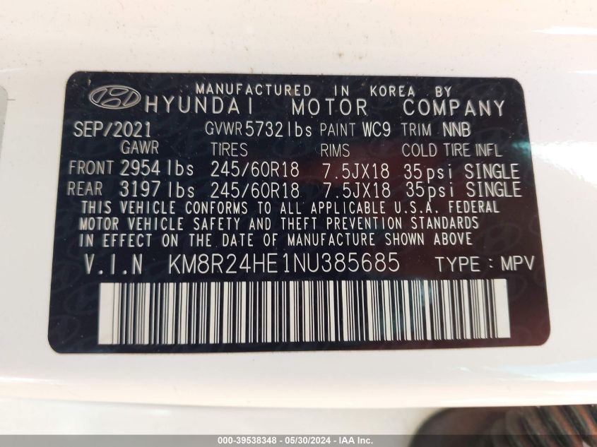 2022 Hyundai Palisade Sel VIN: KM8R24HE1NU385685 Lot: 39538348