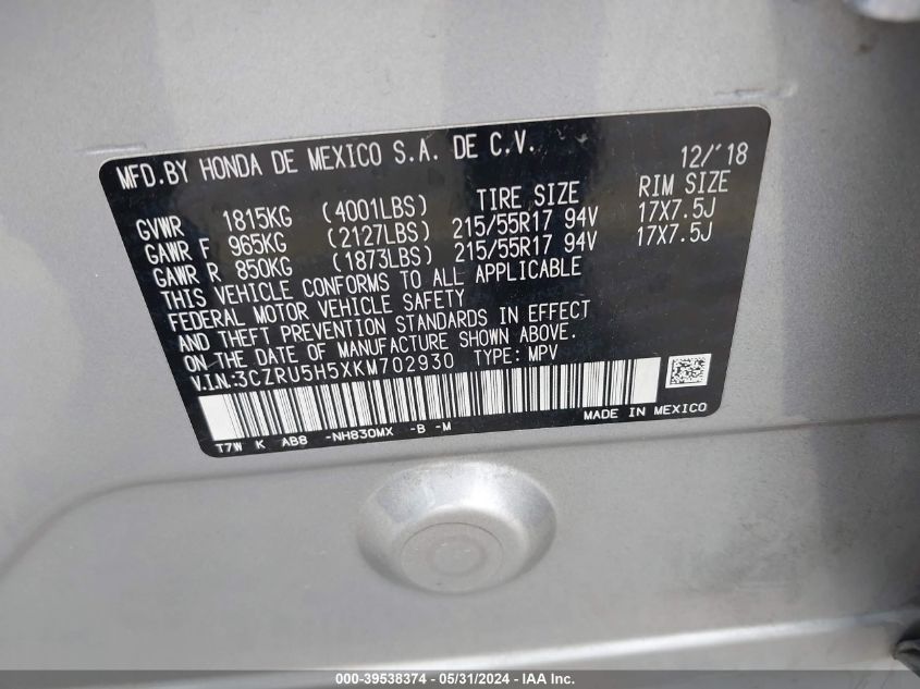 2019 Honda Hr-V Ex VIN: 3CZRU5H5XKM702930 Lot: 39538374